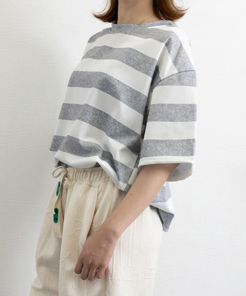 ビッグTシャツ ボーダー柄 ゆったり夏t レディース 大きいサイズ トップス 半袖プルオーバー ビッグシルエット ワイド 大人カットソー 体型カバーロングTシャツ 84WANJIA-006