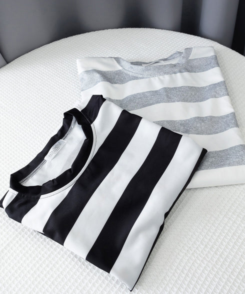 ビッグTシャツ ボーダー柄 ゆったり夏t レディース 大きいサイズ トップス 半袖プルオーバー ビッグシルエット ワイド 大人カットソー 体型カバーロングTシャツ 84WANJIA-006