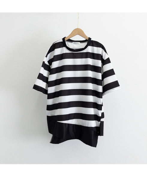 ビッグTシャツ ボーダー柄 ゆったり夏t レディース 大きいサイズ トップス 半袖プルオーバー ビッグシルエット ワイド 大人カットソー 体型カバーロングTシャツ 84WANJIA-006