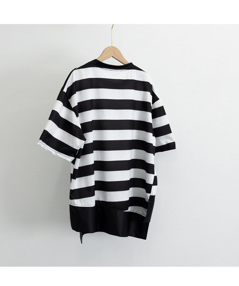 ビッグTシャツ ボーダー柄 ゆったり夏t レディース 大きいサイズ トップス 半袖プルオーバー ビッグシルエット ワイド 大人カットソー 体型カバーロングTシャツ 84WANJIA-006