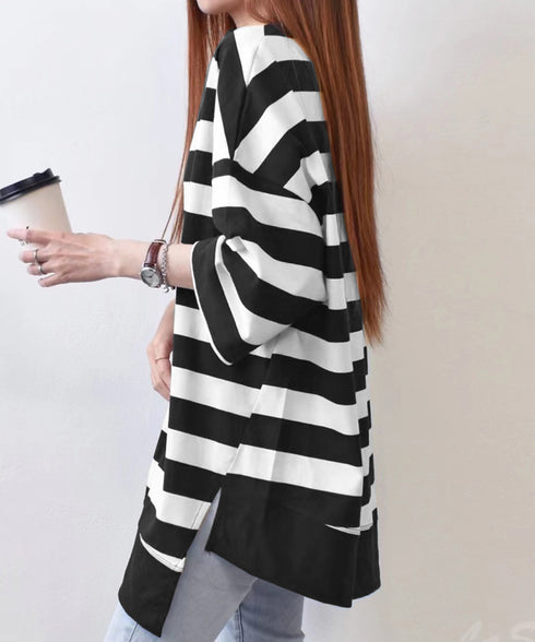 ビッグTシャツ ボーダー柄 ゆったり夏t レディース 大きいサイズ トップス 半袖プルオーバー ビッグシルエット ワイド 大人カットソー 体型カバーロングTシャツ 84WANJIA-006