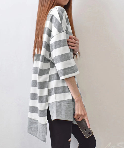 ビッグTシャツ ボーダー柄 ゆったり夏t レディース 大きいサイズ トップス 半袖プルオーバー ビッグシルエット ワイド 大人カットソー 体型カバーロングTシャツ 84WANJIA-006