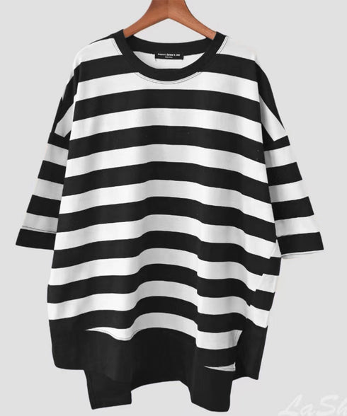 ビッグTシャツ ボーダー柄 ゆったり夏t レディース 大きいサイズ トップス 半袖プルオーバー ビッグシルエット ワイド 大人カットソー 体型カバーロングTシャツ 84WANJIA-006