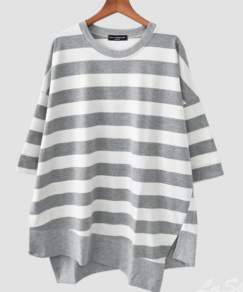 ビッグTシャツ ボーダー柄 ゆったり夏t レディース 大きいサイズ トップス 半袖プルオーバー ビッグシルエット ワイド 大人カットソー 体型カバーロングTシャツ 84WANJIA-006