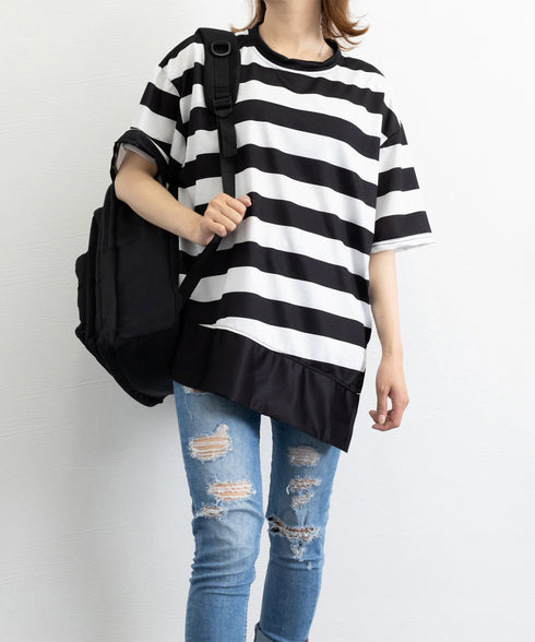 ビッグTシャツ ボーダー柄 ゆったり夏t レディース 大きいサイズ トップス 半袖プルオーバー ビッグシルエット ワイド 大人カットソー 体型カバーロングTシャツ 84WANJIA-006