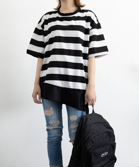 ビッグTシャツ ボーダー柄 ゆったり夏t レディース 大きいサイズ トップス 半袖プルオーバー ビッグシルエット ワイド 大人カットソー 体型カバーロングTシャツ 84WANJIA-006