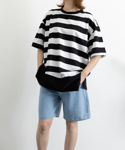 ビッグTシャツ ボーダー柄 ゆったり夏t レディース 大きいサイズ トップス 半袖プルオーバー ビッグシルエット ワイド 大人カットソー 体型カバーロングTシャツ 84WANJIA-006