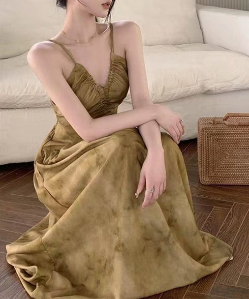 セクシーキャミワンピース ホルターネック リゾートワンピース レディース バックオープン ロングワンピ体型カバー Vネック タイダイ柄ワンピース ハイウエスト旅行 84WANJIA-007