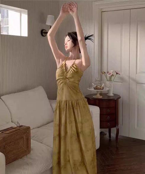 セクシーキャミワンピース ホルターネック リゾートワンピース レディース バックオープン ロングワンピ体型カバー Vネック タイダイ柄ワンピース ハイウエスト旅行 84WANJIA-007