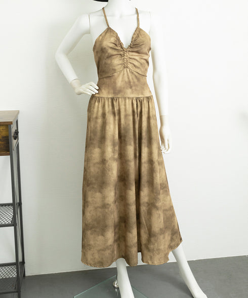 セクシーキャミワンピース ホルターネック リゾートワンピース レディース バックオープン ロングワンピ体型カバー Vネック タイダイ柄ワンピース ハイウエスト旅行 84WANJIA-007