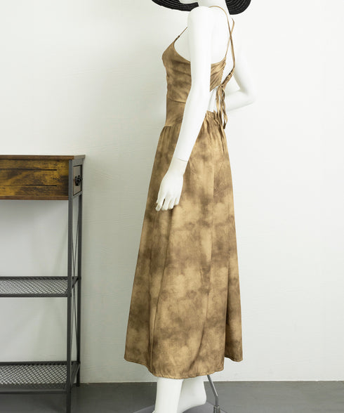 セクシーキャミワンピース ホルターネック リゾートワンピース レディース バックオープン ロングワンピ体型カバー Vネック タイダイ柄ワンピース ハイウエスト旅行 84WANJIA-007