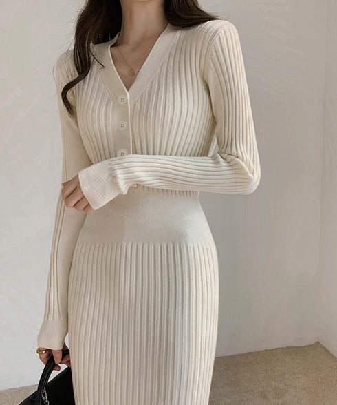 タイトニットワンピース ロングワンピース Vネックストレッチワンピ レディース オフィスカジュアル ミモレ丈ワンピ ウエストマーク ハイウエスト リブニット春秋冬 84WANJIA-013