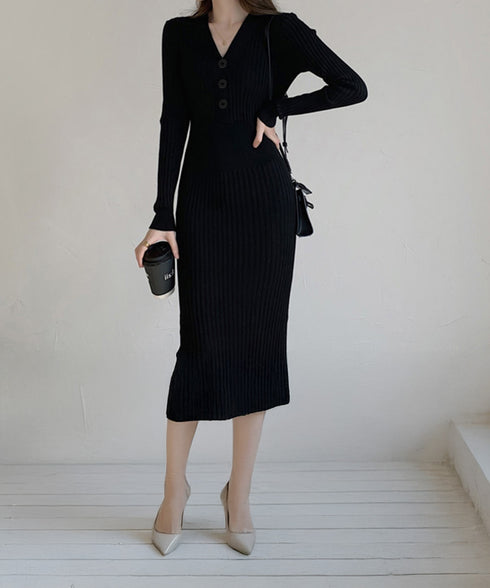 タイトニットワンピース ロングワンピース Vネックストレッチワンピ レディース オフィスカジュアル ミモレ丈ワンピ ウエストマーク ハイウエスト リブニット春秋冬 84WANJIA-013