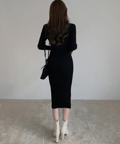 タイトニットワンピース ロングワンピース Vネックストレッチワンピ レディース オフィスカジュアル ミモレ丈ワンピ ウエストマーク ハイウエスト リブニット春秋冬 84WANJIA-013