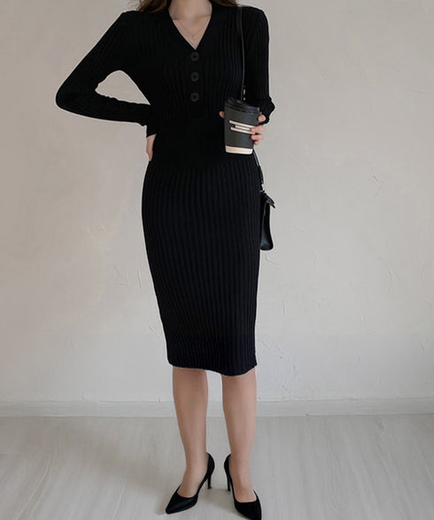 タイトニットワンピース ロングワンピース Vネックストレッチワンピ レディース オフィスカジュアル ミモレ丈ワンピ ウエストマーク ハイウエスト リブニット春秋冬 84WANJIA-013