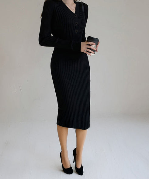 タイトニットワンピース ロングワンピース Vネックストレッチワンピ レディース オフィスカジュアル ミモレ丈ワンピ ウエストマーク ハイウエスト リブニット春秋冬 84WANJIA-013