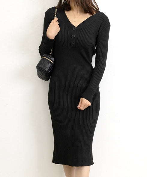 タイトニットワンピース ロングワンピース Vネックストレッチワンピ レディース オフィスカジュアル ミモレ丈ワンピ ウエストマーク ハイウエスト リブニット春秋冬 84WANJIA-013