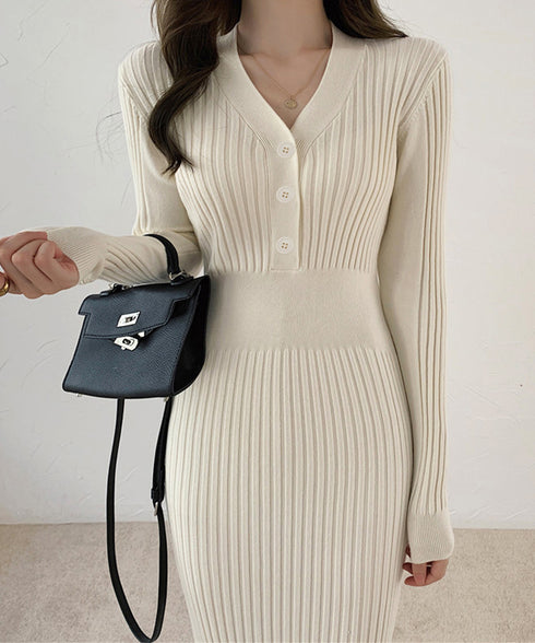 タイトニットワンピース ロングワンピース Vネックストレッチワンピ レディース オフィスカジュアル ミモレ丈ワンピ ウエストマーク ハイウエスト リブニット春秋冬 84WANJIA-013