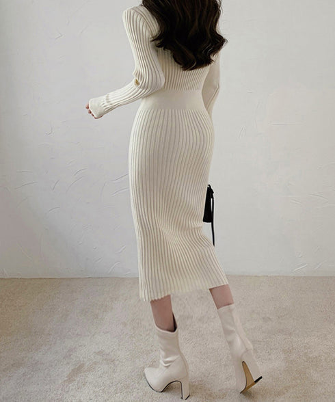 タイトニットワンピース ロングワンピース Vネックストレッチワンピ レディース オフィスカジュアル ミモレ丈ワンピ ウエストマーク ハイウエスト リブニット春秋冬 84WANJIA-013