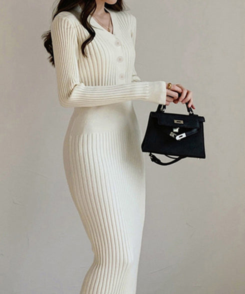 タイトニットワンピース ロングワンピース Vネックストレッチワンピ レディース オフィスカジュアル ミモレ丈ワンピ ウエストマーク ハイウエスト リブニット春秋冬 84WANJIA-013