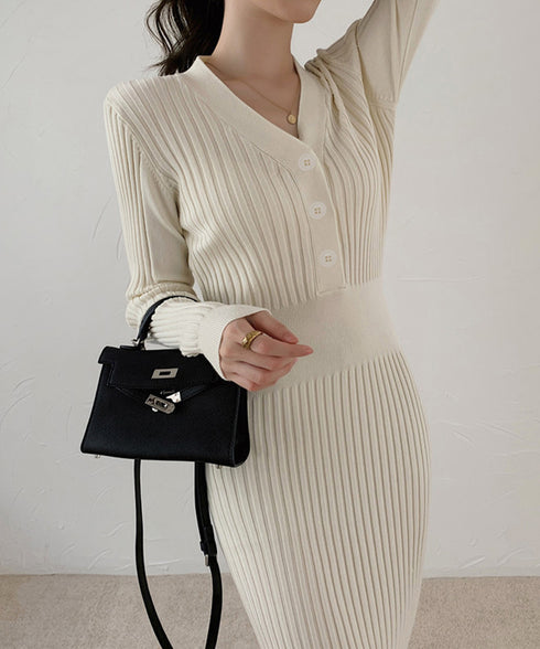 タイトニットワンピース ロングワンピース Vネックストレッチワンピ レディース オフィスカジュアル ミモレ丈ワンピ ウエストマーク ハイウエスト リブニット春秋冬 84WANJIA-013