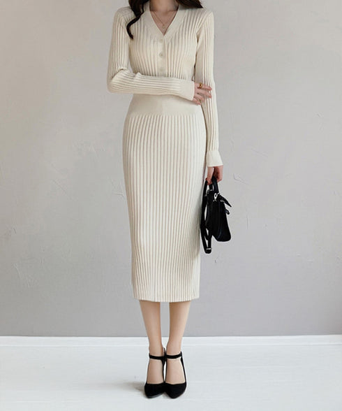 タイトニットワンピース ロングワンピース Vネックストレッチワンピ レディース オフィスカジュアル ミモレ丈ワンピ ウエストマーク ハイウエスト リブニット春秋冬 84WANJIA-013