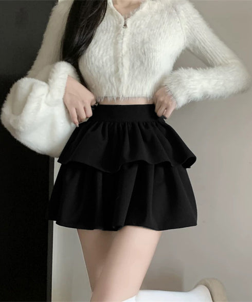 フリルティアードミニスカート ショート丈 フレアスカート レディース ハイウエストフェミニン インナパッツ付きスカート チラ見え防止 ウエストゴムAラインスカート 84WANJIA-014