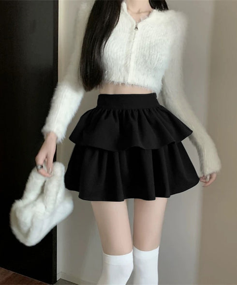 フリルティアードミニスカート ショート丈 フレアスカート レディース ハイウエストフェミニン インナパッツ付きスカート チラ見え防止 ウエストゴムAラインスカート 84WANJIA-014