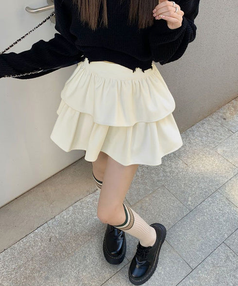 フリルティアードミニスカート ショート丈 フレアスカート レディース ハイウエストフェミニン インナパッツ付きスカート チラ見え防止 ウエストゴムAラインスカート 84WANJIA-014