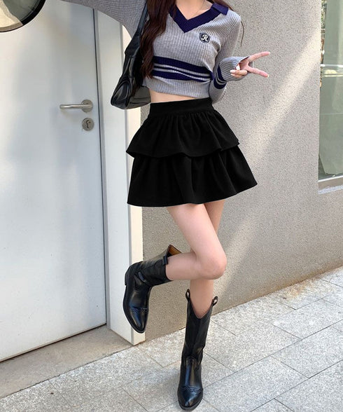 フリルティアードミニスカート ショート丈 フレアスカート レディース ハイウエストフェミニン インナパッツ付きスカート チラ見え防止 ウエストゴムAラインスカート 84WANJIA-014