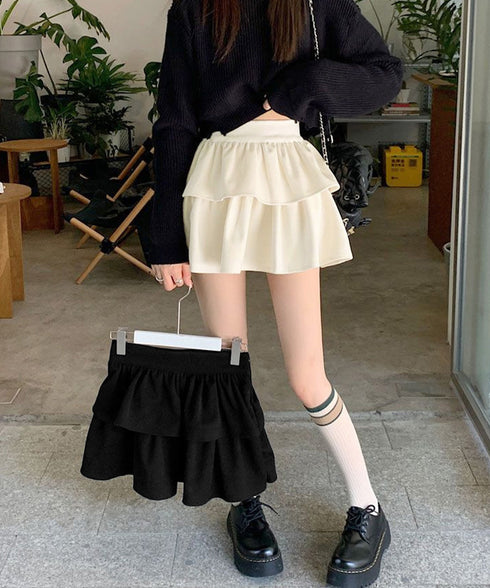 フリルティアードミニスカート ショート丈 フレアスカート レディース ハイウエストフェミニン インナパッツ付きスカート チラ見え防止 ウエストゴムAラインスカート 84WANJIA-014