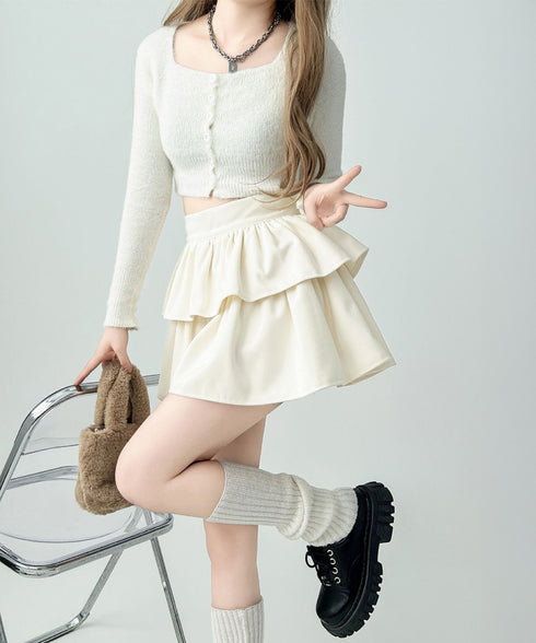 フリルティアードミニスカート ショート丈 フレアスカート レディース ハイウエストフェミニン インナパッツ付きスカート チラ見え防止 ウエストゴムAラインスカート 84WANJIA-014