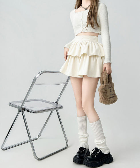 フリルティアードミニスカート ショート丈 フレアスカート レディース ハイウエストフェミニン インナパッツ付きスカート チラ見え防止 ウエストゴムAラインスカート 84WANJIA-014