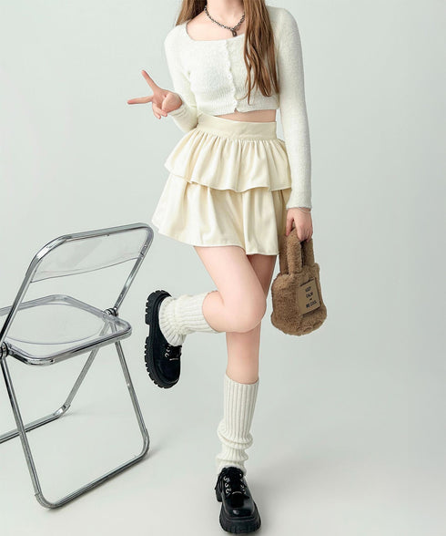 フリルティアードミニスカート ショート丈 フレアスカート レディース ハイウエストフェミニン インナパッツ付きスカート チラ見え防止 ウエストゴムAラインスカート 84WANJIA-014