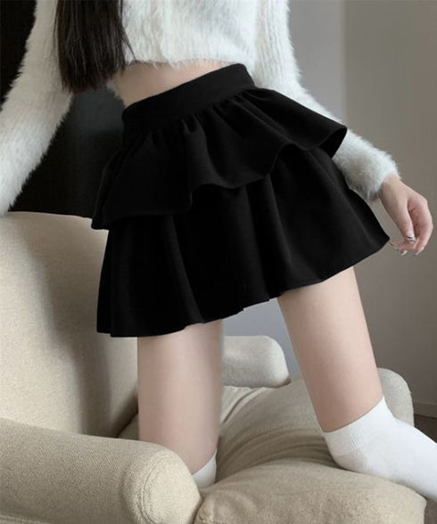 フリルティアードミニスカート ショート丈 フレアスカート レディース ハイウエストフェミニン インナパッツ付きスカート チラ見え防止 ウエストゴムAラインスカート 84WANJIA-014