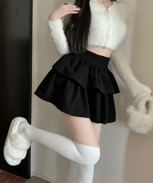 フリルティアードミニスカート ショート丈 フレアスカート レディース ハイウエストフェミニン インナパッツ付きスカート チラ見え防止 ウエストゴムAラインスカート 84WANJIA-014