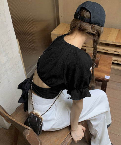 オフショルダーブラウス バックリボン夏服 レディース 韓国風 2WAY へそ出しトップス半袖 パフ袖ショート丈ブラウス きれいめ おしゃれ 肌見せデート服 着やせ 84WANJIA-015