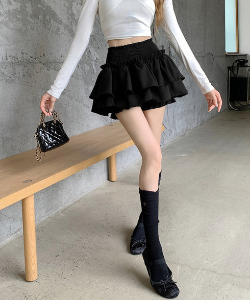 ミニティアードスカート フリルスカート夏 レディース ハイウエストショート丈スカート インナーパンツ付き 美脚脚長ウエストシャーリング ミニスカート着やせ韓国風 84WANJIA-018