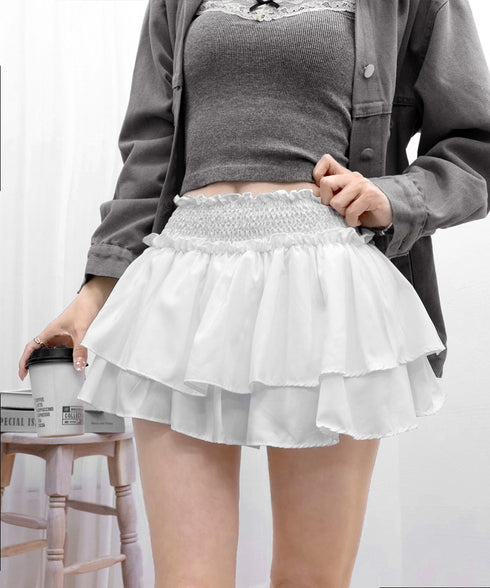ミニティアードスカート フリルスカート夏 レディース ハイウエストショート丈スカート インナーパンツ付き 美脚脚長ウエストシャーリング ミニスカート着やせ韓国風 84WANJIA-018