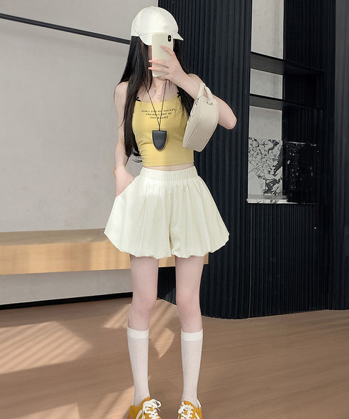 バルーンキュロット レディースショーパン ハイウエスト ランタンパンツ 薄手 カボチャパンツ お洒落 ボトムス 涼しい かわいい 無地短パン 着やせ ウエストゴム 84WANJIA-019