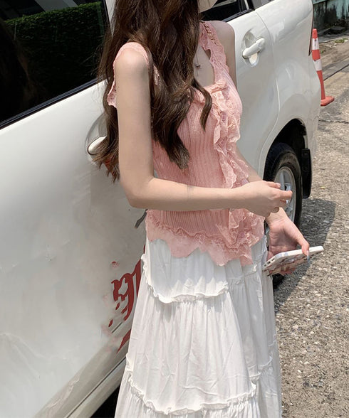 レースフリル ニットタンクトップ 韓国風 レディース レースドッキング ニットトップス 大人可愛い ノースリーブニットソー きれいめニットキャミソール インナー秋 84WANJIA-020