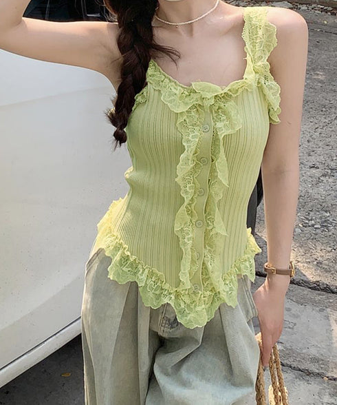 レースフリル ニットタンクトップ 韓国風 レディース レースドッキング ニットトップス 大人可愛い ノースリーブニットソー きれいめニットキャミソール インナー秋 84WANJIA-020