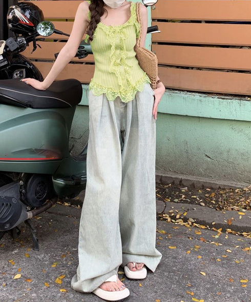 レースフリル ニットタンクトップ 韓国風 レディース レースドッキング ニットトップス 大人可愛い ノースリーブニットソー きれいめニットキャミソール インナー秋 84WANJIA-020