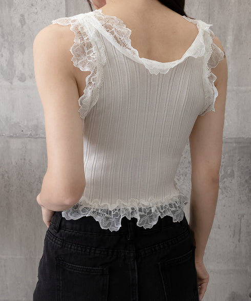 レースフリル ニットタンクトップ 韓国風 レディース レースドッキング ニットトップス 大人可愛い ノースリーブニットソー きれいめニットキャミソール インナー秋 84WANJIA-020