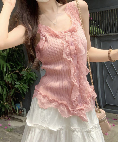 レースフリル ニットタンクトップ 韓国風 レディース レースドッキング ニットトップス 大人可愛い ノースリーブニットソー きれいめニットキャミソール インナー秋 84WANJIA-020