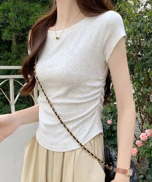 サイドギャザーtシャツ 半袖トップス夏服 ラウンドネックちびTシャツ レディース 無地タイトtシャツ 韓国風シンプル 着やせ細見えTシャツ サイドタックカットソー 84WANJIA-021