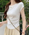 サイドギャザーtシャツ 半袖トップス夏服 ラウンドネックちびTシャツ レディース 無地タイトtシャツ 韓国風シンプル 着やせ細見えTシャツ サイドタックカットソー 84WANJIA-021