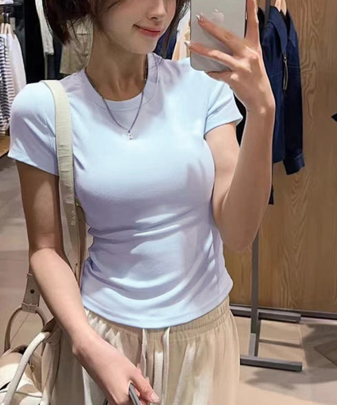 サイドギャザーtシャツ 半袖トップス夏服 ラウンドネックちびTシャツ レディース 無地タイトtシャツ 韓国風シンプル 着やせ細見えTシャツ サイドタックカットソー 84WANJIA-021