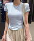 サイドギャザーtシャツ 半袖トップス夏服 ラウンドネックちびTシャツ レディース 無地タイトtシャツ 韓国風シンプル 着やせ細見えTシャツ サイドタックカットソー 84WANJIA-021