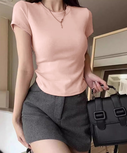 サイドギャザーtシャツ 半袖トップス夏服 ラウンドネックちびTシャツ レディース 無地タイトtシャツ 韓国風シンプル 着やせ細見えTシャツ サイドタックカットソー 84WANJIA-021